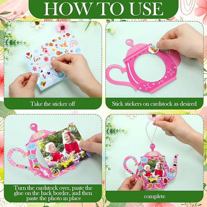 Jetec 48 Packs Mother's Day DIY Craft Kits DIY Teapot Keepsake Picture Frame Craft Gifts with Stickers for Spring Mother's Day Party Home Activities