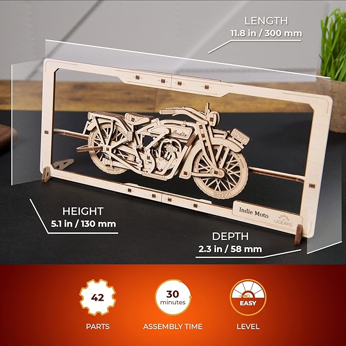 UGEARS Indie Moto 2.5D Wood Puzzle, Vintage Motorcycle Model Kit with Moving Parts for Adults, DIY Home & Office Decor - 42 Pieces