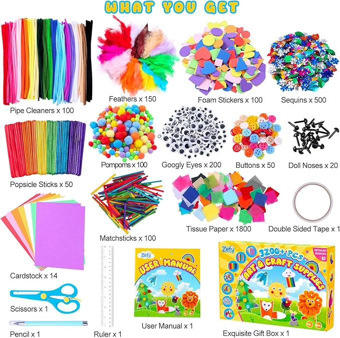 Zefy 3200+ Pcs Arts and Crafts Supplies for Kids, All in One Craft Kits with 12 Crafts Design, DIY School Supplies Kit Craft Box for Girls Boys Ages 4-12