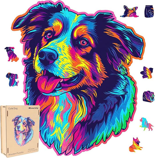 Australian Shepherd Dogs Wooden Puzzle 500 Pieces Stained Colorful Art Painting Jigsaw Puzzle for Adults, Birthday Mother's Father's Day Christmas for Family Game (14.9 * 17.1 in)