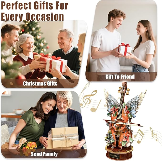 3D Wooden Puzzles for Adults,3D Wooden Christmas Cello Puzzle - 82PCS Mechanical Music Box,DIY Desk Decor & Creative Gift for Adults, Teens