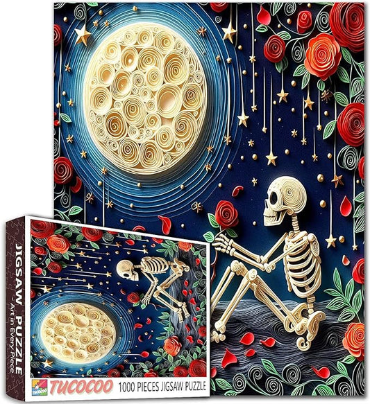 Tucocoo Romantic Skeleton Jigsaw Puzzle for Adults 1000 Piece, Skull with Rose Full Moon Puzzles, Relaxing Floral Night Scene Challenging Puzzle for Family Game Night Stress Relief Home Decor Gift