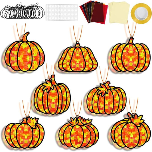 32 Sets Pumpkin Suncatchers Craft Kit DIY Window Stained Glass Effect Fall Pumpkin Paper Crafts Home School Classroom Autumn Thanksgiving Decor Kid Birthday Gift Creative Art Project Activity Game
