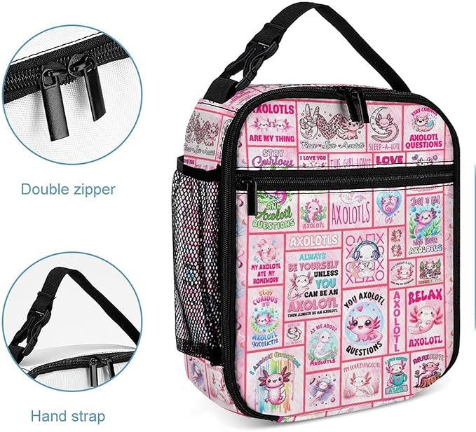 Axolotl Lunch Box - Cute Reusable Axolotl Lunch Bag for Women Men Kids - Small Portable Foldable Insulated Lunchbox for School Work Picnic