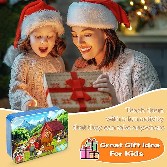 LELEMON Puzzles for Kids Ages 4-6, Farm 60 Piece Puzzles for Kids Ages 3-5 in a Metal Box, Educational Jigsaw Puzzles Childrens Puzzle Games Puzzle Toys for Girls and Boys