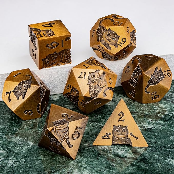 Metal DND Cat Dice Polyhedral RPG Dice Set with Gift Case for Dungeons Dragons Role Playing Game, 7PCS D and D Dice D6 D8 D10 D12 D20 D% (Antique Gold)