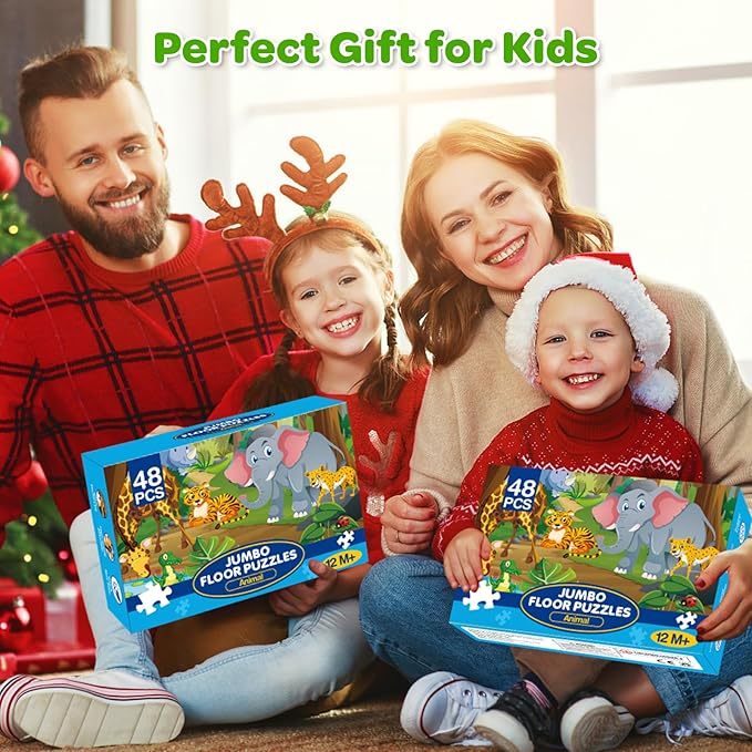 Animals Floor Puzzle for Kids - 48 Pieces Large Animals Jigsaw Puzzles for Kids 3-5 Year Old, Toddler Learning Preschool Educational Toys 12 Month+, Perfect Birthday Christmas Gifts for Boys Girls