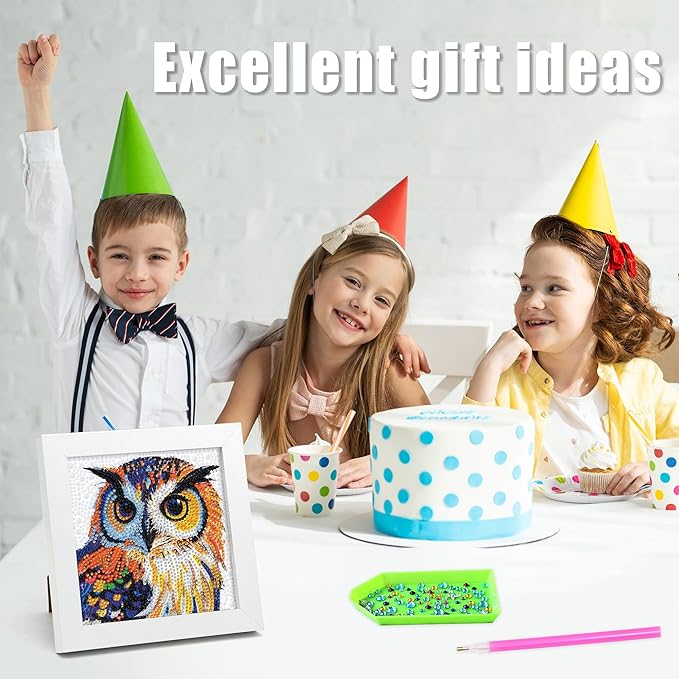 geesfayan Diamond Art Kits for Kids Ages 8-12,6 Inch DIY Gem Art Painting with 7 Inch Frame, Complete Starter Kit for Beginners, Creative Arts & Crafts Gift for Girls & Boys (Owl)