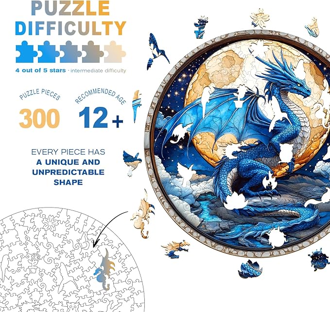 Wooden Puzzles for Adults - Moonlight Blue Dragon Wooden Jigsaw Puzzle - Unique Shape 3D Vision Wood Puzzles Adult - Christmas Birthday Gifts for Adults/Friends/Family - 300pcs 13.4 * 13.4in