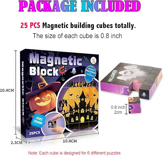Magnetic Blocks Building Toy,Ritastar 25pcs Mine Stacking Magnet Build Cubes Cartoon Pattern World,STEM Sensory Construction Toys for Kids Gift,Educational Jigsaw Puzzle Set with 3D Halloween Designs