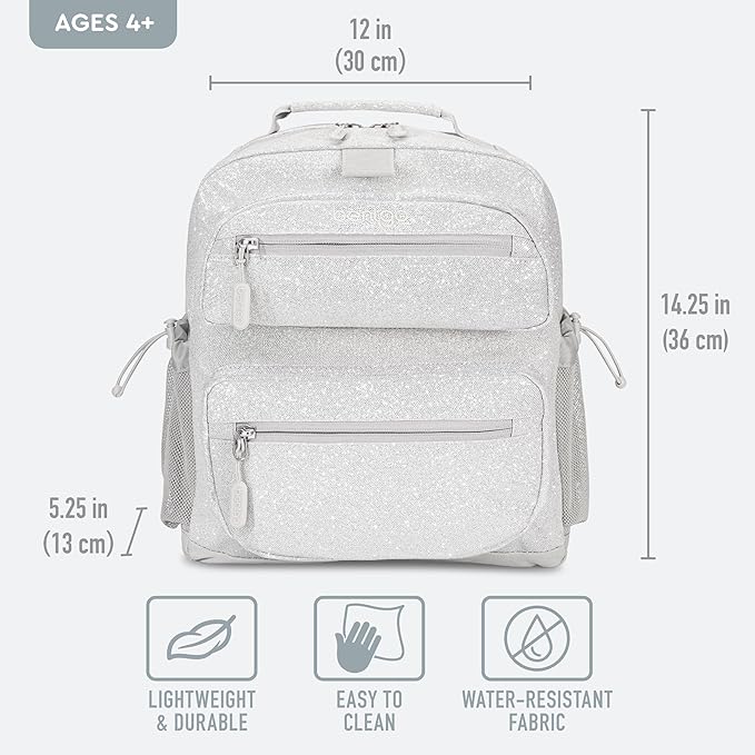 Bentgo Kids Glitter Backpack - Lightweight 14” Backpack for School, Travel & Daycare, Ideal for Ages 4+, Durable & Water-Resistant, Roomy Interior, & Loop for Lunch Bag (Glitter Edition - Silver)