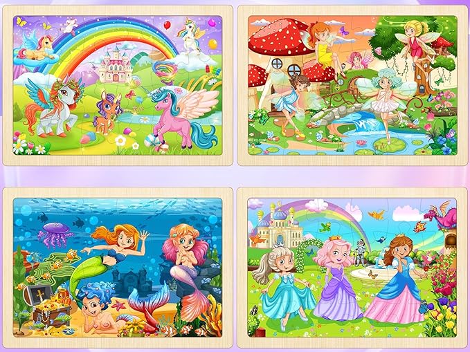 Wooden Puzzles for Kids Ages 4-6, 4 Pack with 24 Pieces Unicorn, Mermaid, Princess, Elf Wooden Puzzles for Toddlers Set, Educational & Learning Puzzles, Toys Gifts for 3 4 5 6 Year Old Boys Girls