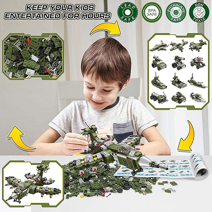 STEM Building Block Toys, 576PCS Military Engineering Building Bricks Toy for Kids, 25-in-1 Army Destroyer Fighter Tank Playset Construction Kits, Idea Toy Gifts for Age 6 7 8 9 10+ Years Old