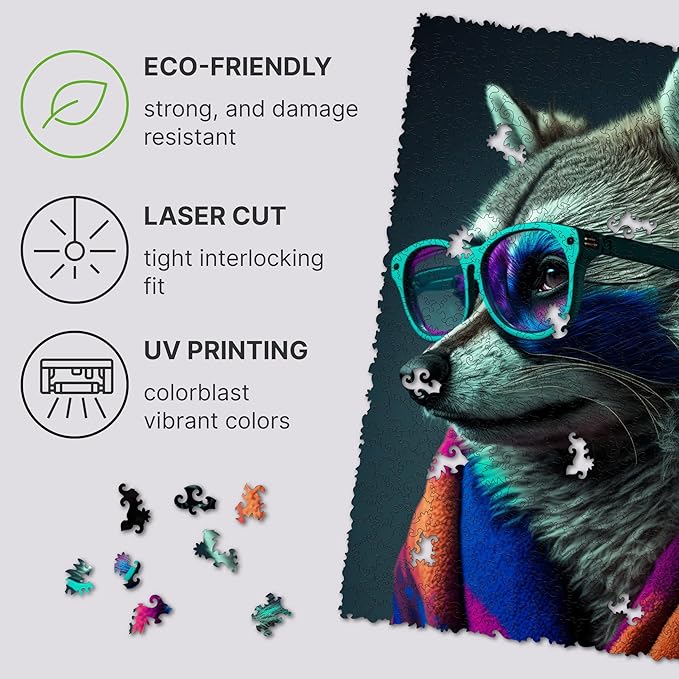 UNIDRAGON Original Wooden Jigsaw Puzzles - Pop Art Glow Up Collection - Bandit - Raccoon Puzzle 500 Pieces, Beautiful Gift Package, Wooden Puzzle for Adults