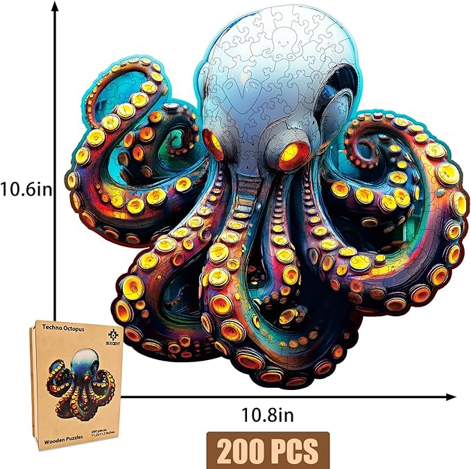 Wooden Jigsaw Puzzle, 200-500 Pieces Unique Shape Animal Puzzle, for Adults & Kids, Birthday Gift Family Game, Decorative Puzzle, Unique Gift (Techno Octopus, 200 PCS)