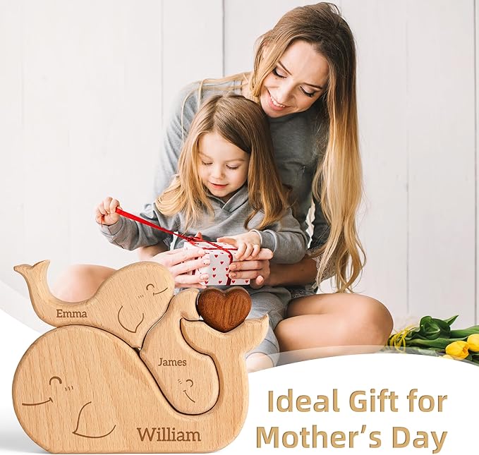 Wooden Whales Family Puzzle, Personalized Puzzles with 2-5 Names, Mothers Day Birthday for Women Men, Customized Home Decor Housewarming Gifts for Parents Couple