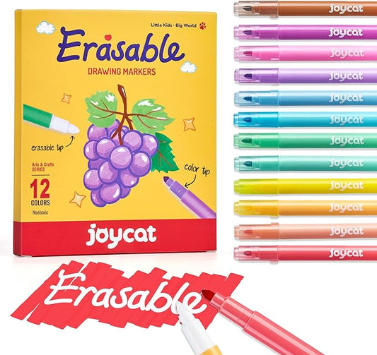 12-Pack Dual Conical Tip Erasable Markers, Water-Based Art Pens - Vibrant Color-Coded Barrels, Anti-Roll Caps, Smooth No Bleed Ink, Ideal Color Changing Magic Pen & Highlighters for Kids & Artists