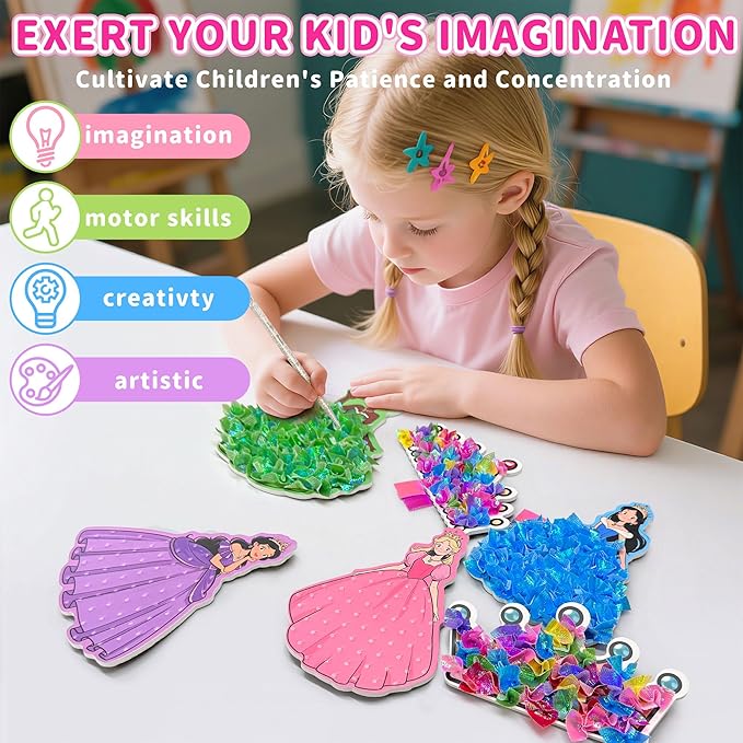 8 Pcs Poke in Crafts Art Kits for Girls, Fashion Princesses DIY Mess Free Kids' Paper Craft Kits, with 700+ Fabric Squares, 6 Foam Princesses, 2 Crowns - Birthday Gift, Creative Gift for Kids