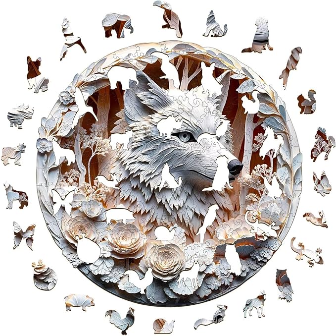 Wooden Puzzles Adults, 3D Wolf Puzzles 300 Pieces, Unique Animal Shaped Wood Challenging Jigsaw Christmas Puzzles Gifts for Adults, 13.4x13.4in