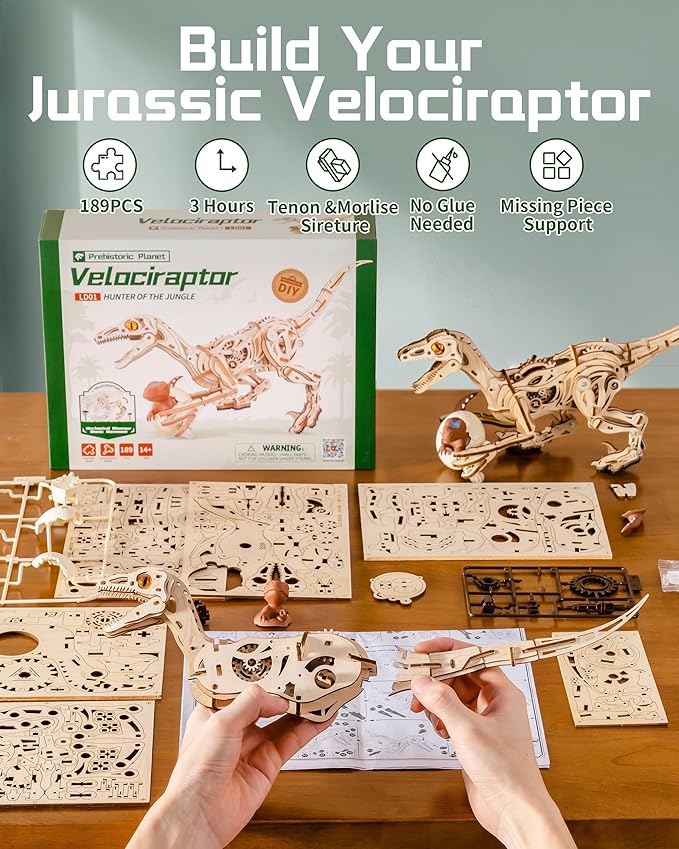 ROBOTIME Dinosaur 3D Wooden Puzzles, Velociraptor Model Kits can Walk, Mechanical Dinosaur STEM Toys, 3-D Puzzles Building Kit Gifts