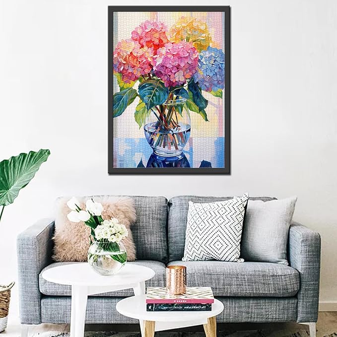 Hydrangea in Glass Vase Jigsaw Puzzle 1000 Pieces Puzzles for Adults, Blossom Flowers Jigsaw Puzzles for Challenging Family Activity Games DIY Puzzle for Home Wall Decor Gifts - 20 x 27 Inches