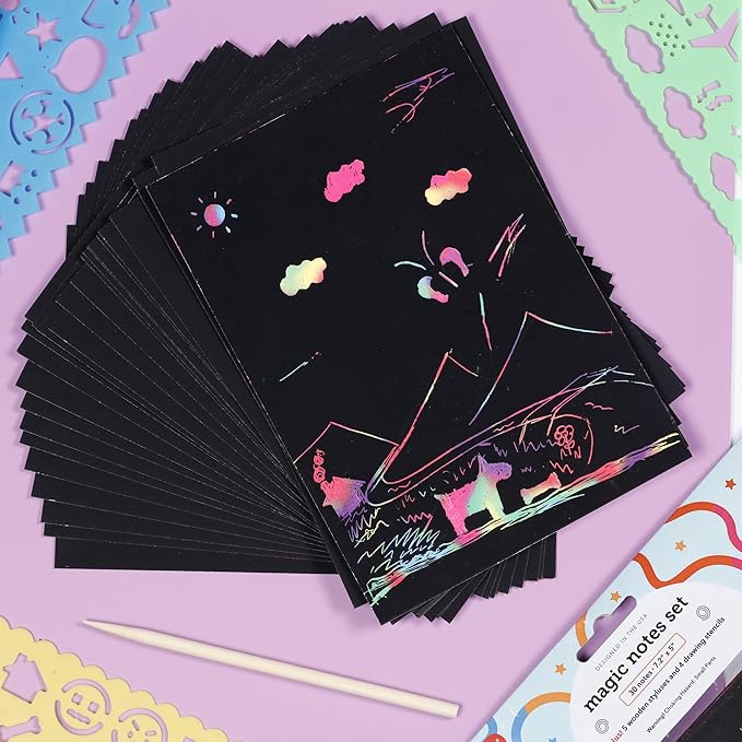 Incraftables Rainbow Scratch Paper Set. Magic Notes Kit with 30pcs Black Scratch Art Paper, 5pcs Wooden Stylus & 4pcs Drawing Stencils. Best Rainbow Notebooks for Kids Drawing & Craft