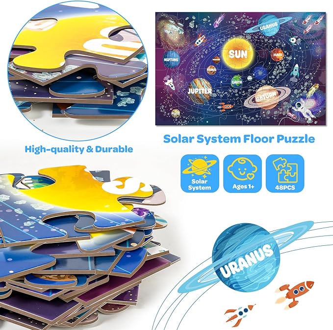 Solar System Floor Puzzle for Kids - 48 Pieces Large Solar System Jigsaw Puzzles for Kids 3-5, Toddler Learning Preschool Educational Toys 12 Months+, Perfect Birthday Christmas Gifts for Boys Girls