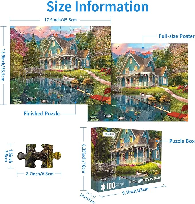 100 Piece Puzzles for Kids Summer House 100 Piece Puzzles for Adults, Mountain Villa Landscape 100 Pieces Puzzle for Kids Ages 4-8, Mountain Cottage Oil Painting Puzzle for Seniors Teens