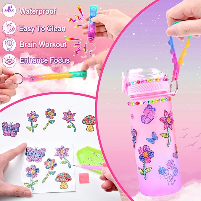 ASIOWELY Decorate Your Own Water Bottle Kits for Girls Age 4-12, Butterfly Flower Diamond Painting Art and Crafts Gift for Boys Age 4-6-8-10, Fun Gifts Toys for School Birthday Christmas