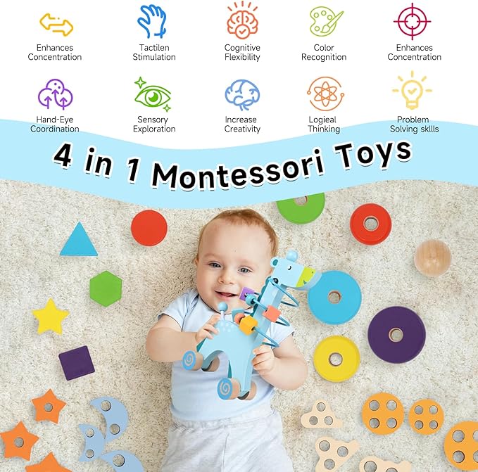 Wooden Montessori Toys for 1 Year Old, 4-in-1 Educational Sensory and Baby Learning Toys for Toddlers Aged 1-3, Boy and Girl's Best Gifts for Birthday (Blue)