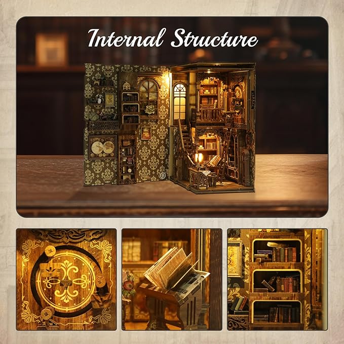 Book Nook Kit - DIY Enchanted Cottage Miniature House for Adults & Teens, 3D Wooden Puzzle Booknook with LED Lights, Bookshelf Insert Decor & Creative Model Building(Antique Books Collection Room)