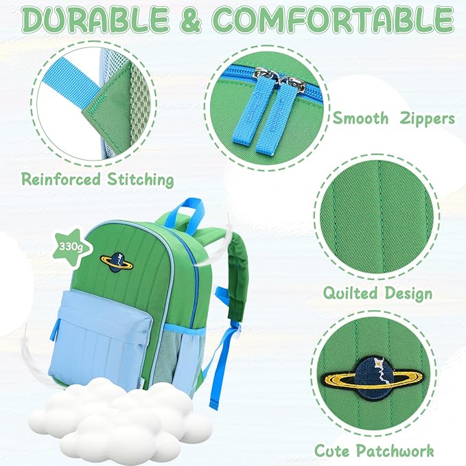VASCHY Toddler Boys Backpack, Kids' Small Lightweight Quilted Color-blocked Bookbag School Backpack for Daycare Children Green Blue