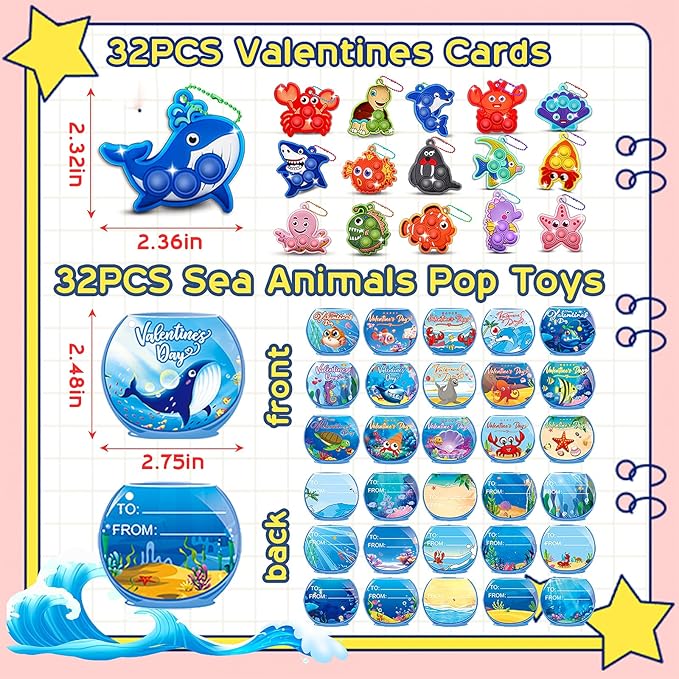 32 PCS Valentines Day Gifts for Kids,Valentines Cards for Kids Classroom with Sea Animal Pop Fidget Toys,Valentines Exchange Gifts for Classroom,Valentines Party Favors for Boys Girls