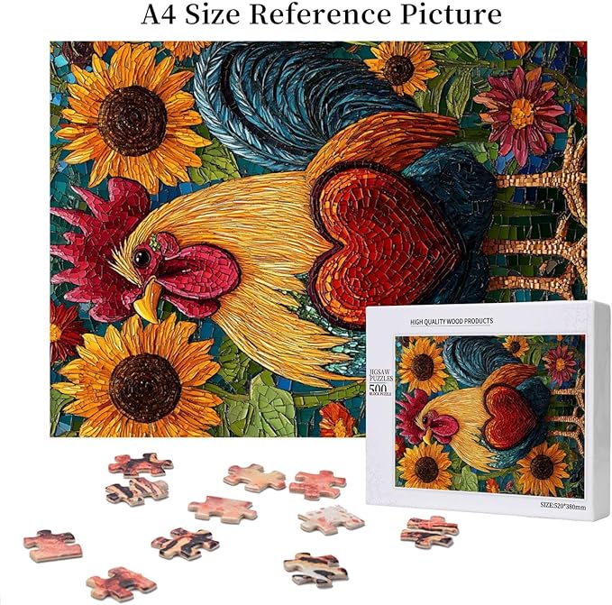 500 Piece Wooden Puzzle for Adults,The Art of Chickens and Hearts in Sunflowers,Bold Farm Animal Artwork,Brain Training Challenge,Stress Relief Activity,Eco-Friendly Woodens Pieces