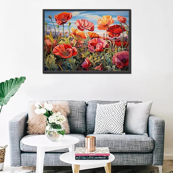 Tucocoo 1000-Piece Jigsaw Puzzle - Poppy's Flowers in a Floral Scenery - Art Deco Style - Unisex - Flowering Shrubs 03 - 27.56" x 19.69" - Ages 14+