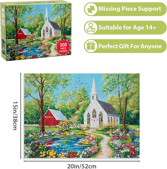 500 Pieces Jigsaw Puzzles for Adults, Spring Chursh Puzzle for Adults Children Seniors, Recycled Paper Puzzle 500 Pieces, NO Dust, Colorful Challenging Puzzle Family Game Gift for Friends (20.5x15in)