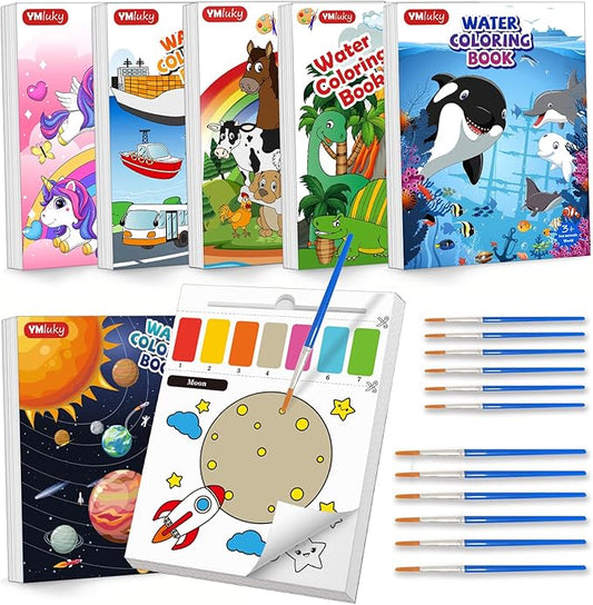 YMluky Water Color Paint Sets for Kids,No Mess Painting for Toddlers Activities,Magic Paint Set with 2 Brush, Arts and Crafts for Kids 4-8 (Boy-6books)