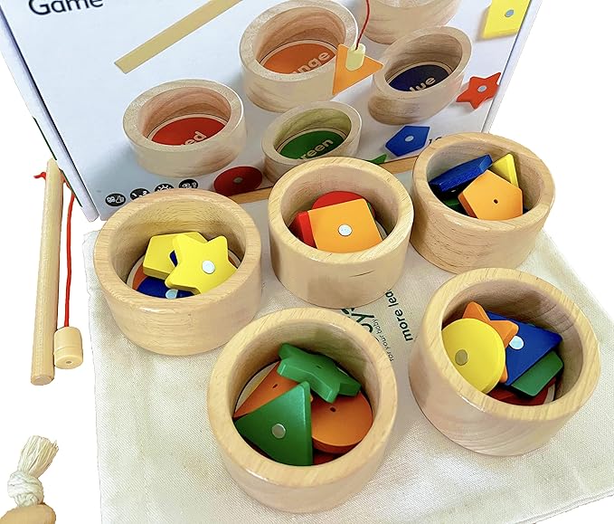 Dailyfunn Montessori Toy Wooden Sorting Cup&Fishing Game 2-in-1 Colors Shapes Sorting Matching Learning Toys for Toddlers 1-3 Year Old