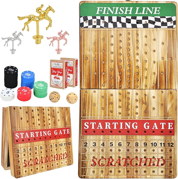 MerryPony 21 Inches Large Horse Racing Game with 11 Metal Horses, Foldable Solid Wood Horse Race Board Game with 100 Pcs Poker Chips 2 Dice and 2 Pack of Cards for Family Friends Camping Party