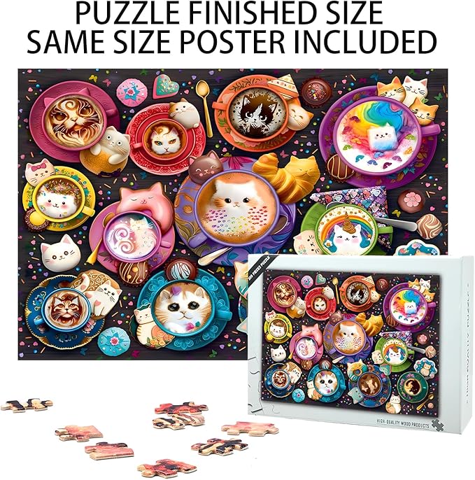 300 Pieces Cat Wooden Puzzle, Latte Cat, Stress Relief Toys Children's Learning Supplies Puzzle Toys Parenting Games Great Gifts Jigsaw Size: 15.7 x 11 in and 1:1 Original Picture Poster
