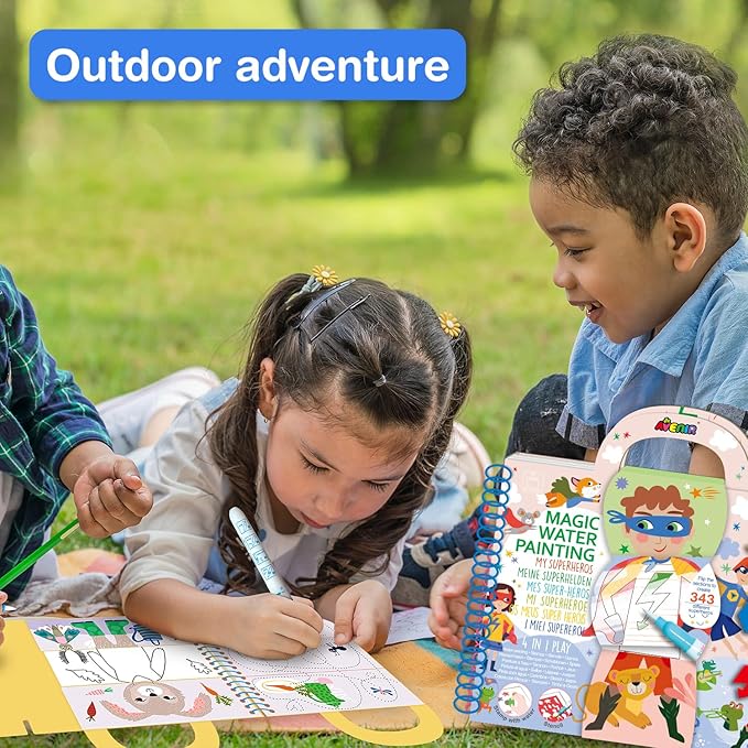 Avenir 4-in-1 Reusable Water Reveal Coloring Books for Toddlers 1-3 & 3-5 | Mess-Free Paint with Water Activity Pad | Portable Travel Road Trip Airplane Educational Creative Set for Kids