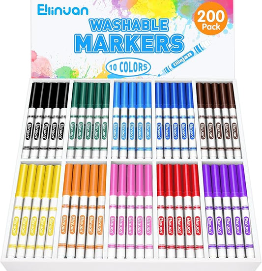 200 Count Washable Markers Bulk, 10 Assorted Colors, Fine Line Colored Marker with Conical Tip, Washable Markers for Kids, School Art Supplies, Classroom Essentials for Students Teachers