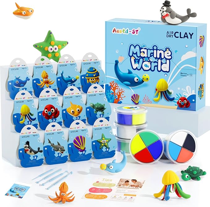 Air Dry Clay Kit - Ocean Theme, Modeling Clay for Kids, DIY Model Magic Clay with Sculpting Tools and Tutorials, 12 Boxes Molding Clay, Ultra Light, Soft & Non-Sticky, Arts and Crafts Gift for Kids