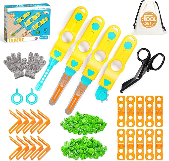 SpringFlower Cardboard Cutter for Kids, 129 PCS Cardboard Tools for Kids, STEM Educational Construction Kit Toys for Boys Girls, DIY Safe Cutting Creative Craft Kit, Gift Birthday for Boys Girls