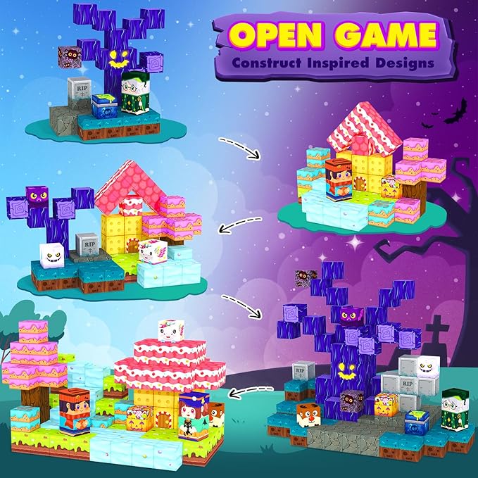 Magnetic Blocks Building Cubes, Magnetic Tiles Kids Montessori Sensory Toys & Games for 3 4 5 6 7 8 9 10 11 12 13 Year Old Boys Girls, Kids Toddler Halloween Decorations Party Favors Birthday Gifts