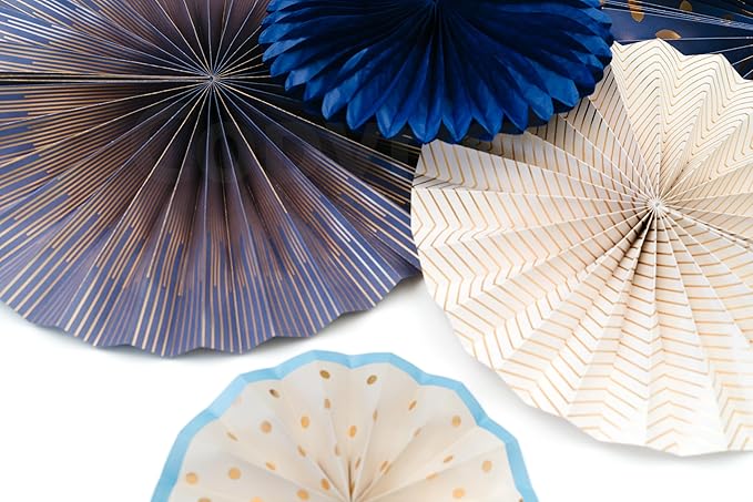 PapaKit Origami Wall Decoration Set (8 Assorted Round Paper Fans) Birthday Party Baby Shower Wedding Events Decor | Creative Art Design Pattern (Starry Midnight Blue with Metallic Gold Accent)