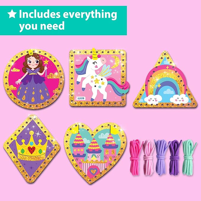 EZCRA Lacing Cards for Kids Ages 3-5 - 5 Pcs Princess and Unicorn Theme with Colorful Laces - Craft Kit for Kids DIY Activity Set - Fine Motor Skills Toys and Preschool Learning Activities