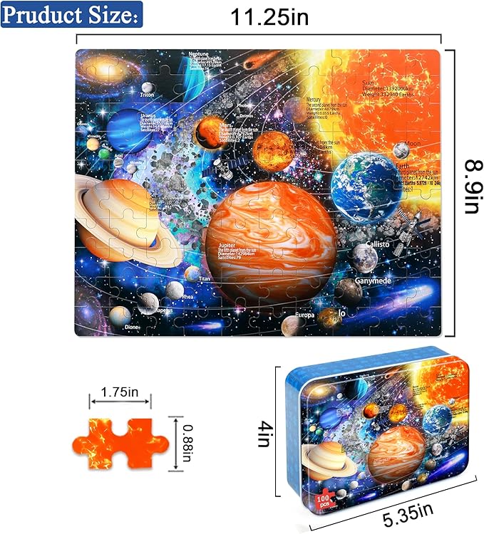 LELEMON 100 Pieces Jigsaw Puzzles for Kids Ages 4-8 Solar System Planets Jigsaw Puzzle for Kids Boys Girls Children Learning Educational Puzzles in a Metal Box Pack Toy