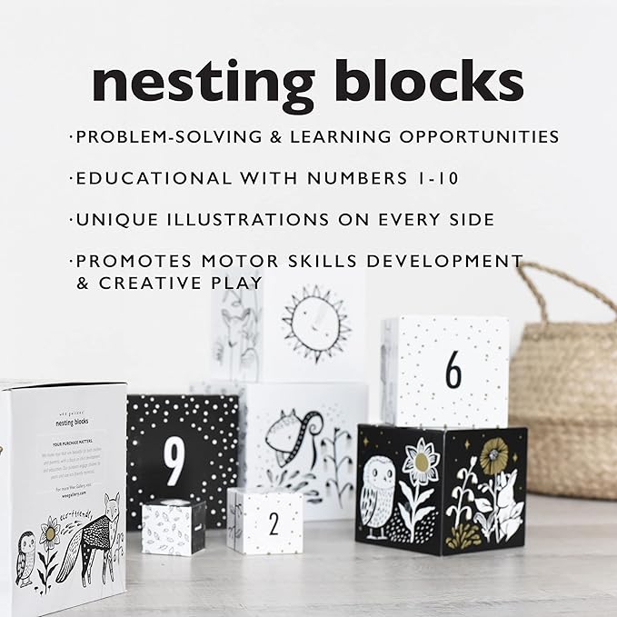 Wee Gallery Nesting Blocks, Stacking Toys for Toddlers and Kids, Educational Blocks with Numbers and Animal Illustrations for Motor Skills, Counting and Early Learning (Ages 2 & Up), Woodland Number