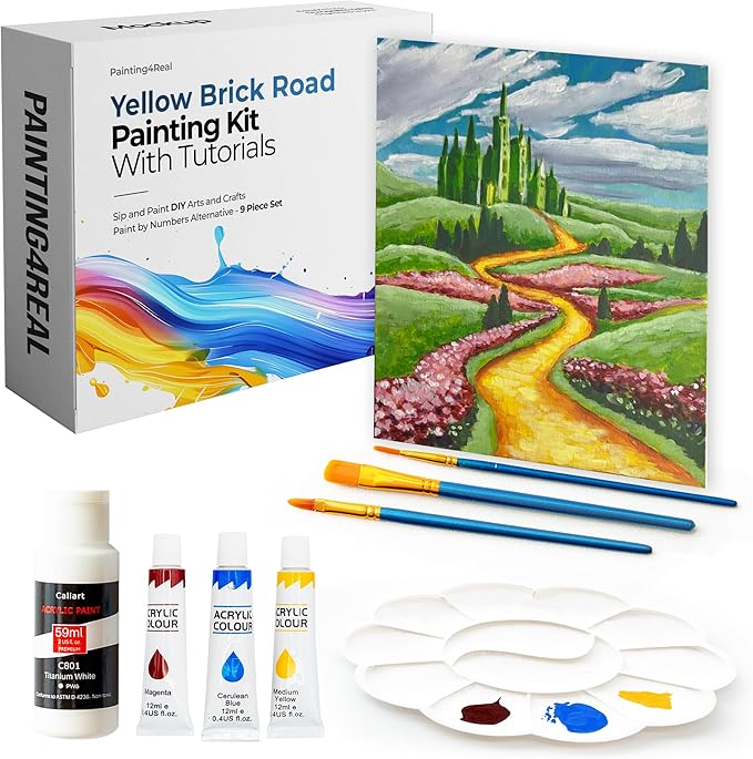Painting4Real DIY Painting Class Kit for Adults with Video Tutorials: Learn to Paint Wizard of Oz Yellow Brick Road – How to Paint with Acrylics – Painting & Art Supplies – 9 Piece Acrylic Paint Set